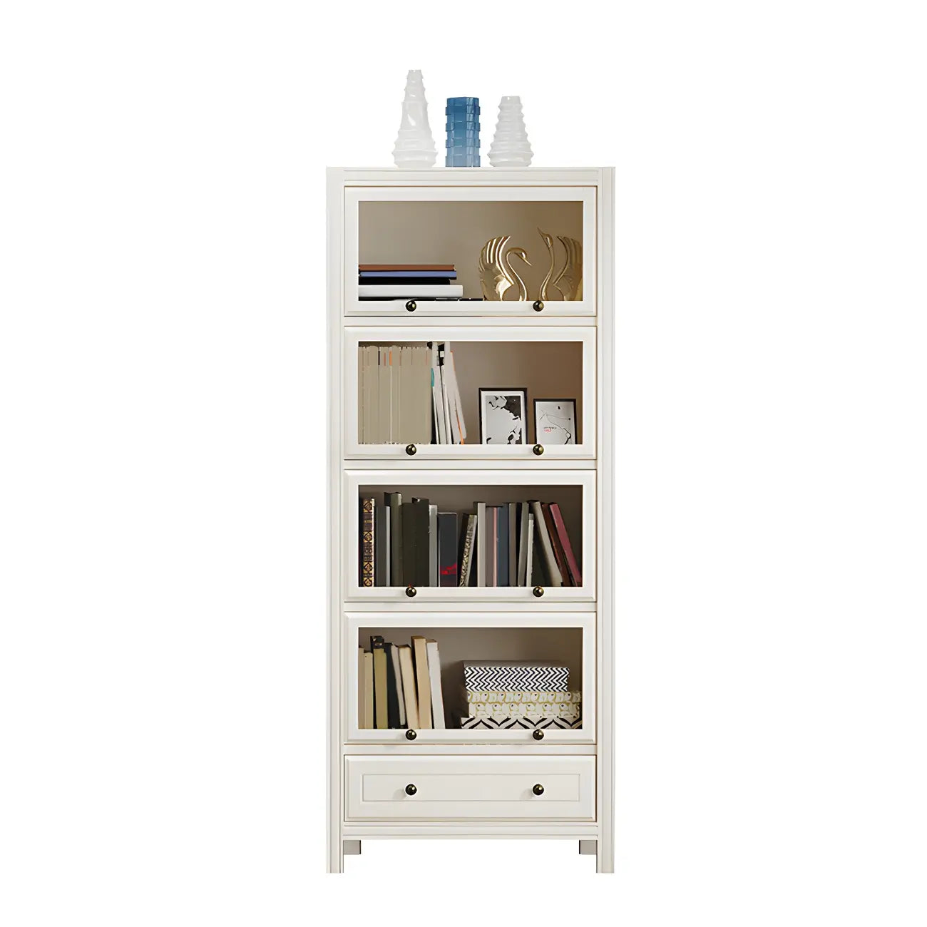 Modish White Wooden Bookcase with Glass Doors