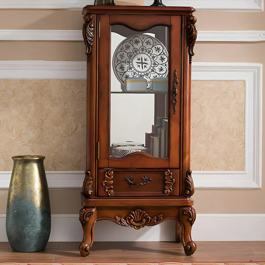 Classic Wood White Glass Door Display Cabinet with Drawer