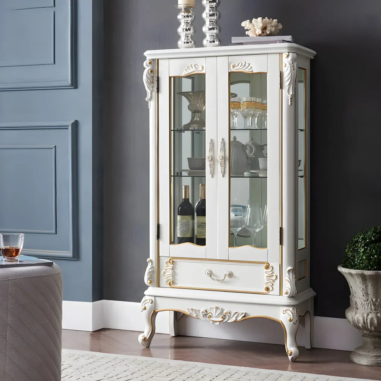 Classic Wood White Glass Door Display Cabinet with Drawer