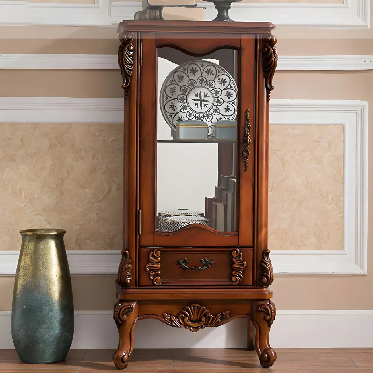 Classic Wood White Glass Door Display Cabinet with Drawer