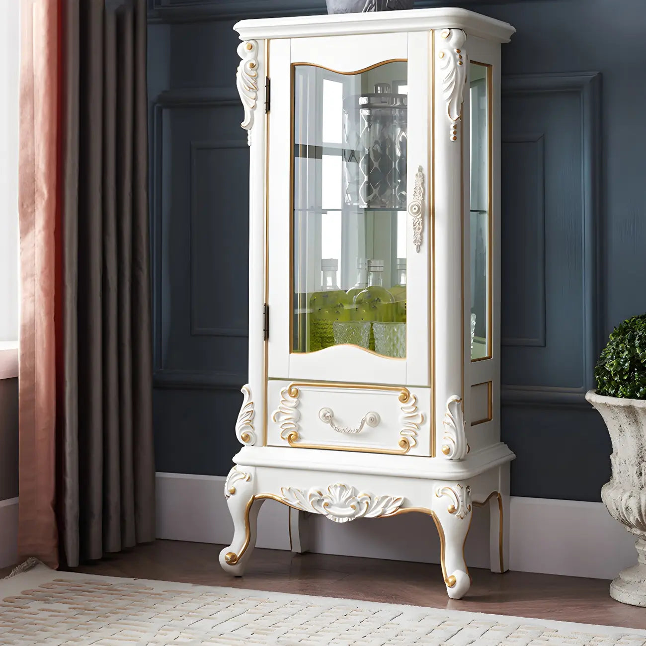 Classic Wood White Glass Door Display Cabinet with Drawer