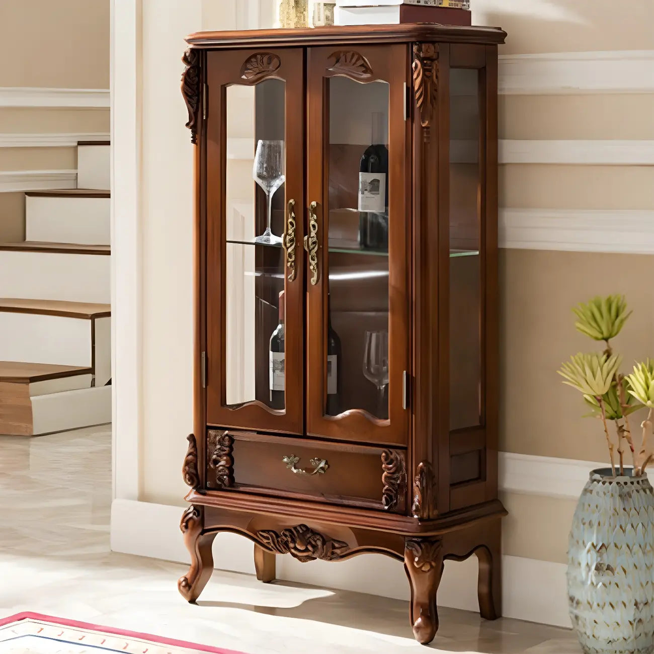 Classic Wood White Glass Door Display Cabinet with Drawer