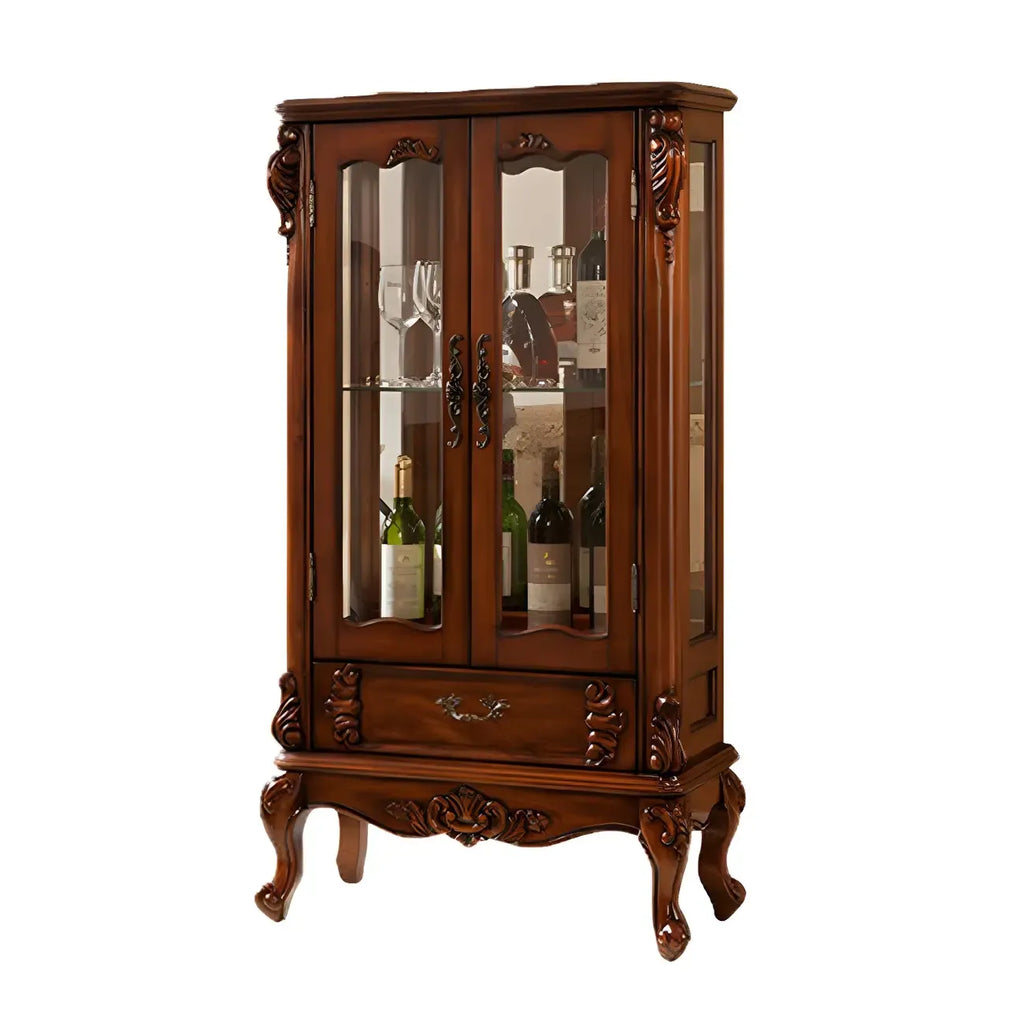 Classic Wood White Glass Door Display Cabinet with Drawer