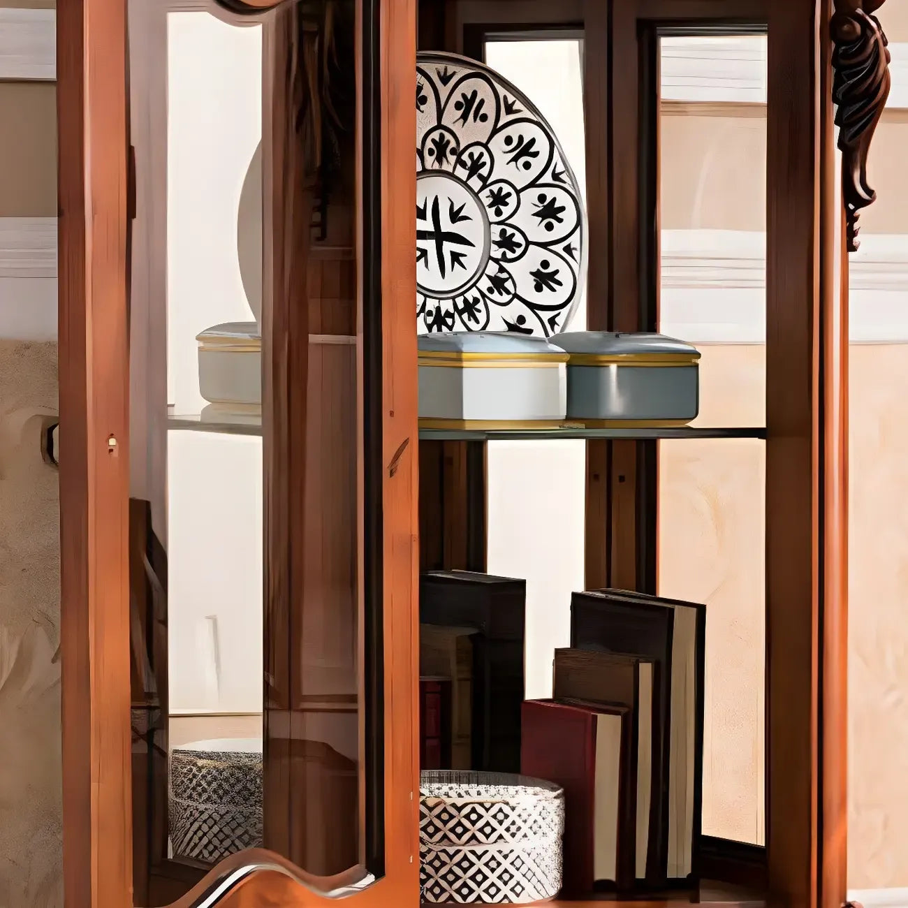 Classic Wood White Glass Door Display Cabinet with Drawer