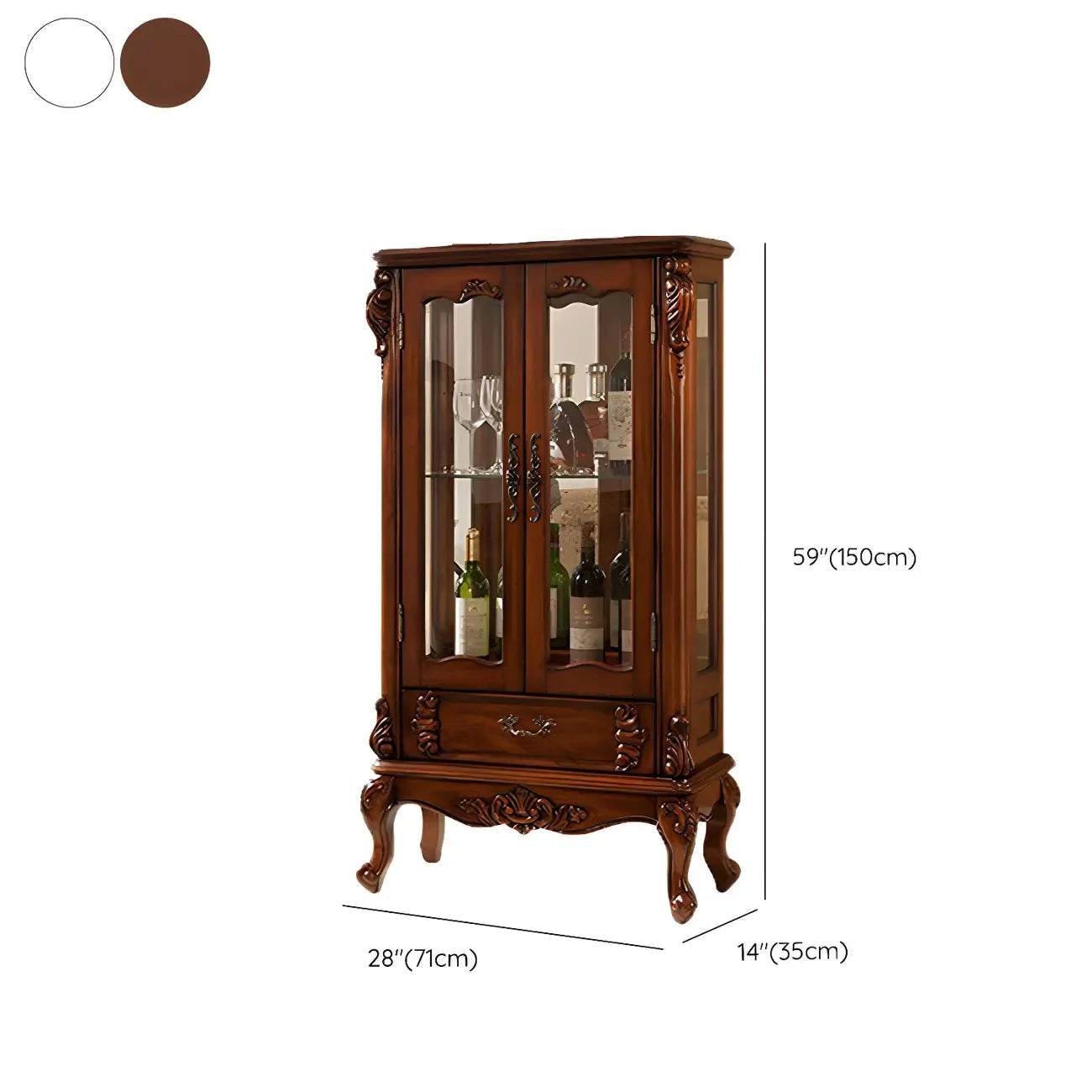 Classic Wood White Glass Door Display Cabinet with Drawer