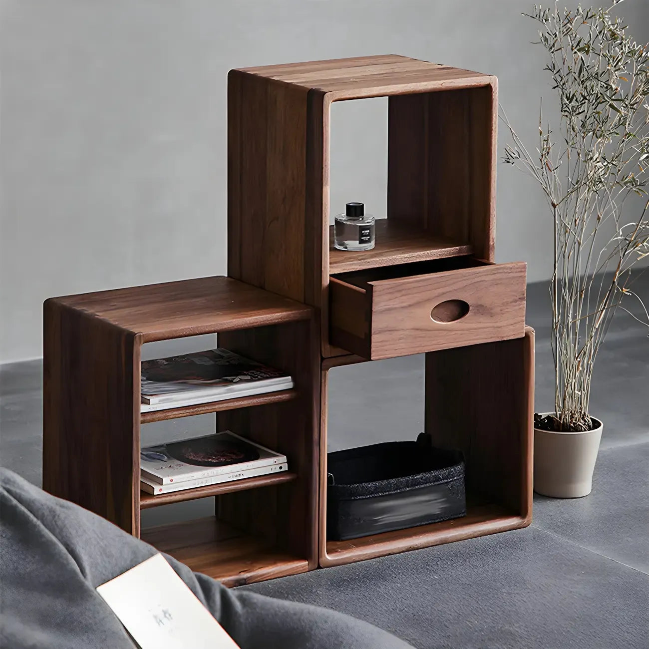 Mid-century Modern Brown Wood Cube Open Back Bookcase