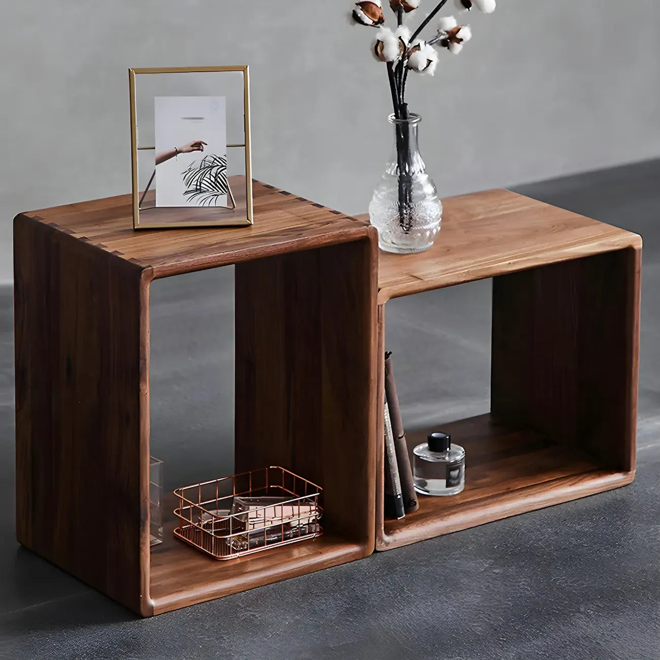 Mid-century Modern Brown Wood Cube Open Back Bookcase