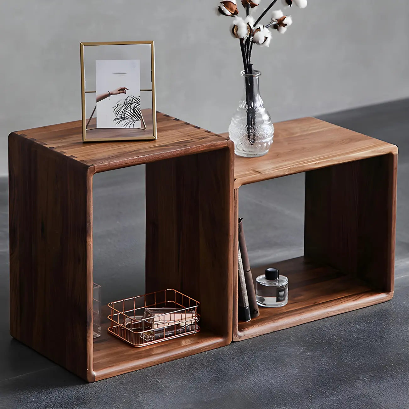 Mid-century Modern Brown Wood Cube Open Back Bookcase