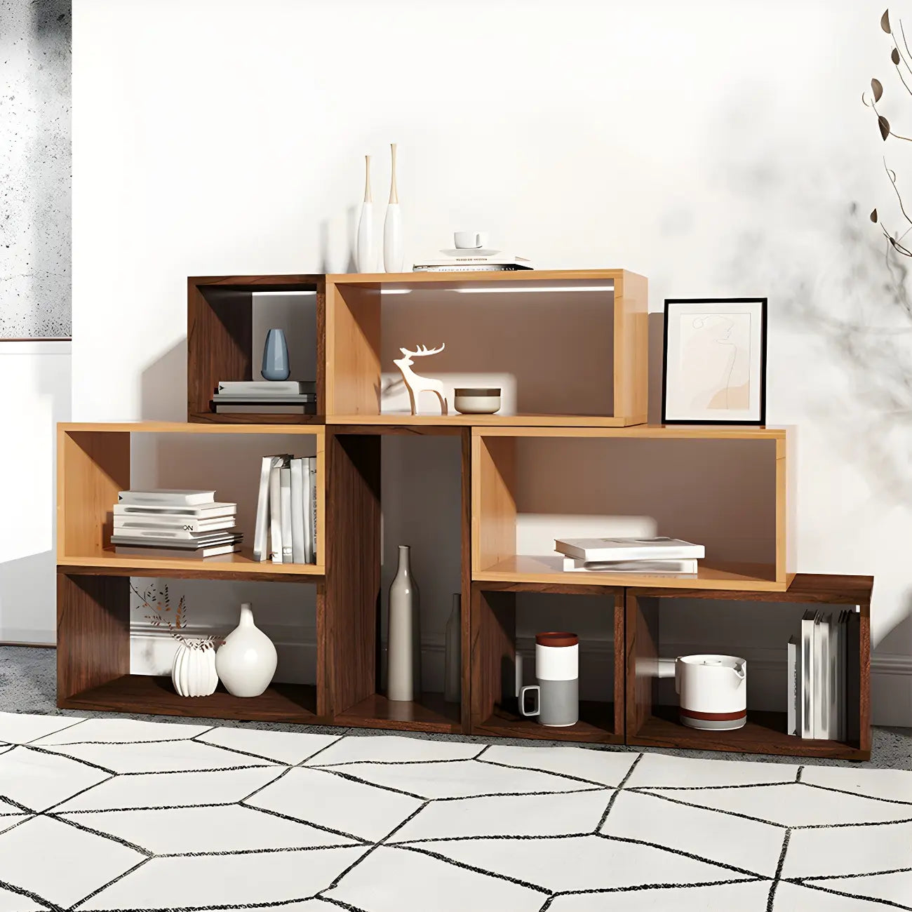 Minimalist Solid Wood Geometric Open Back Cube Bookcase
