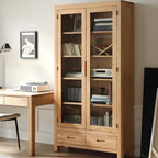 2-Drawer Natural Wood Display Cabinet Adjustable Shelves