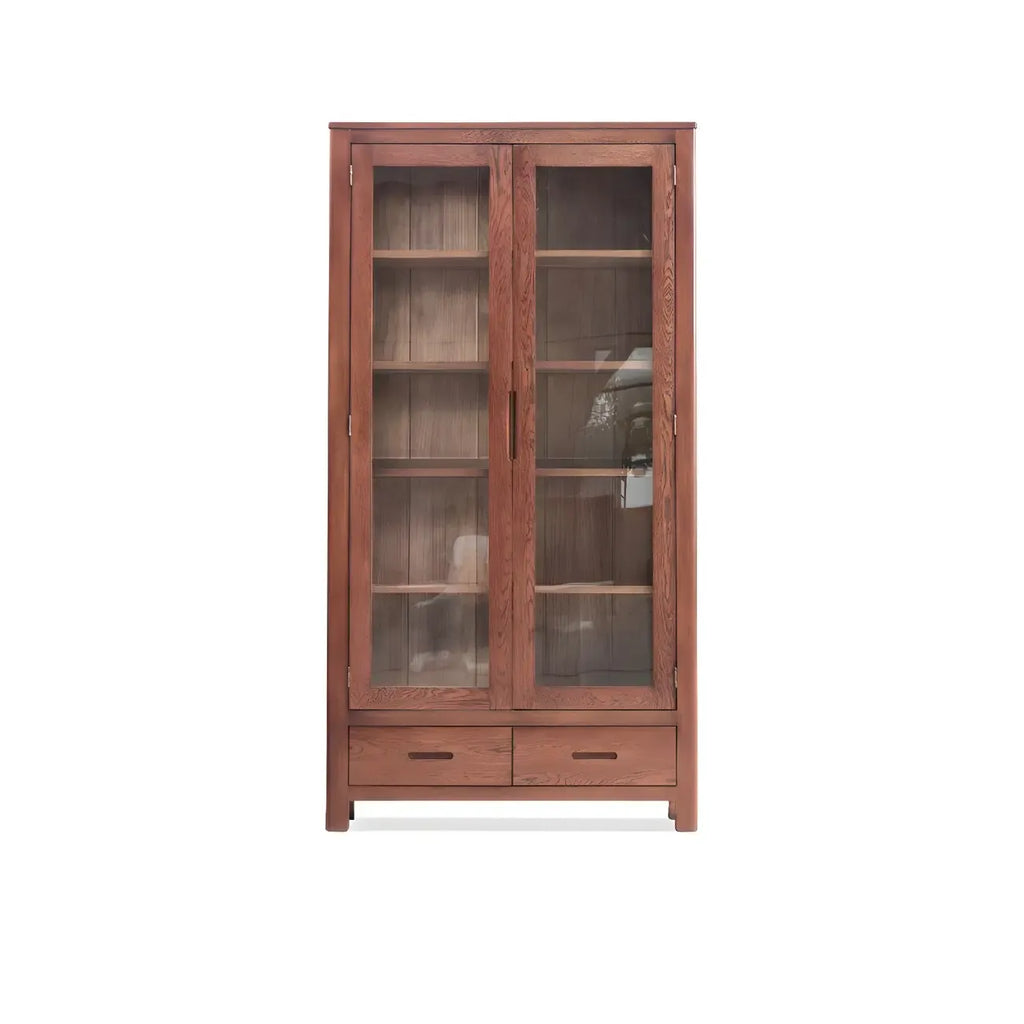 2-Drawer Natural Wood Display Cabinet Adjustable Shelves