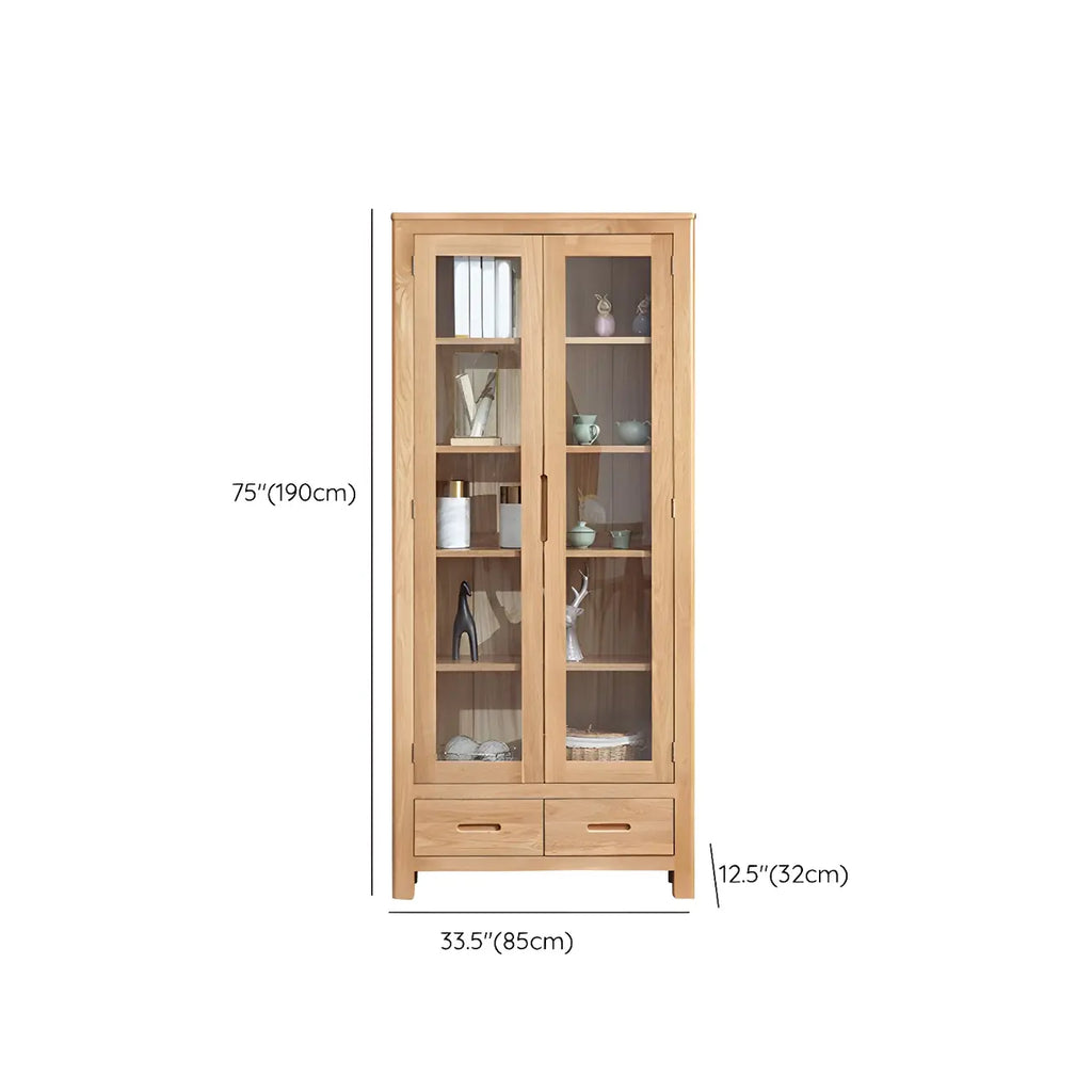 2-Drawer Natural Wood Display Cabinet Adjustable Shelves