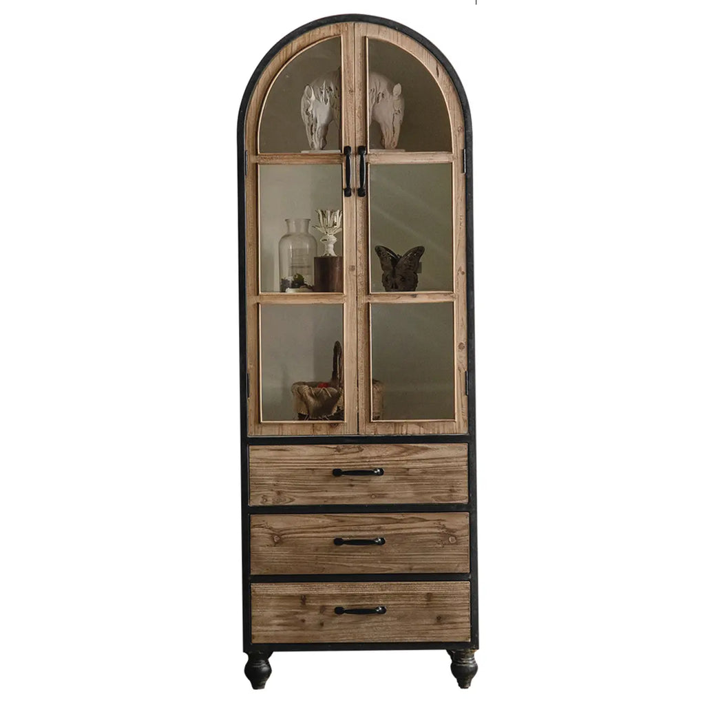 Classic Brown Curved Wooden Glass Door Display Cabinet