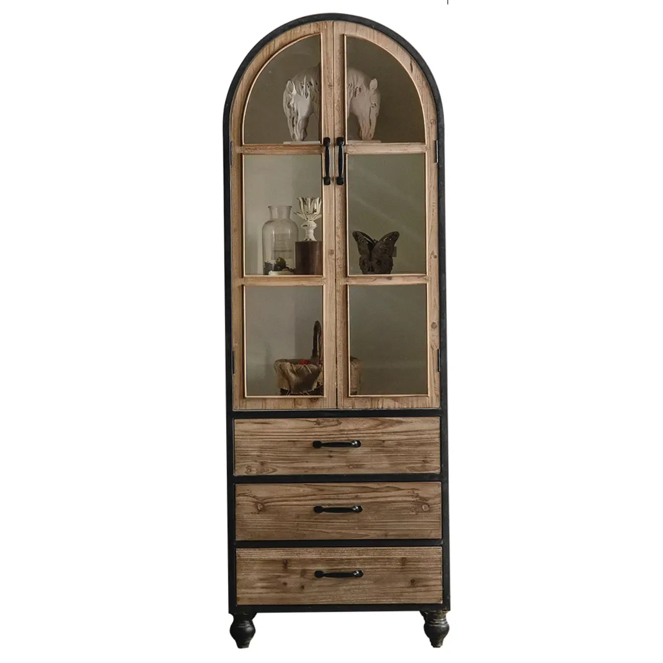 Classic Brown Curved Wooden Glass Door Display Cabinet