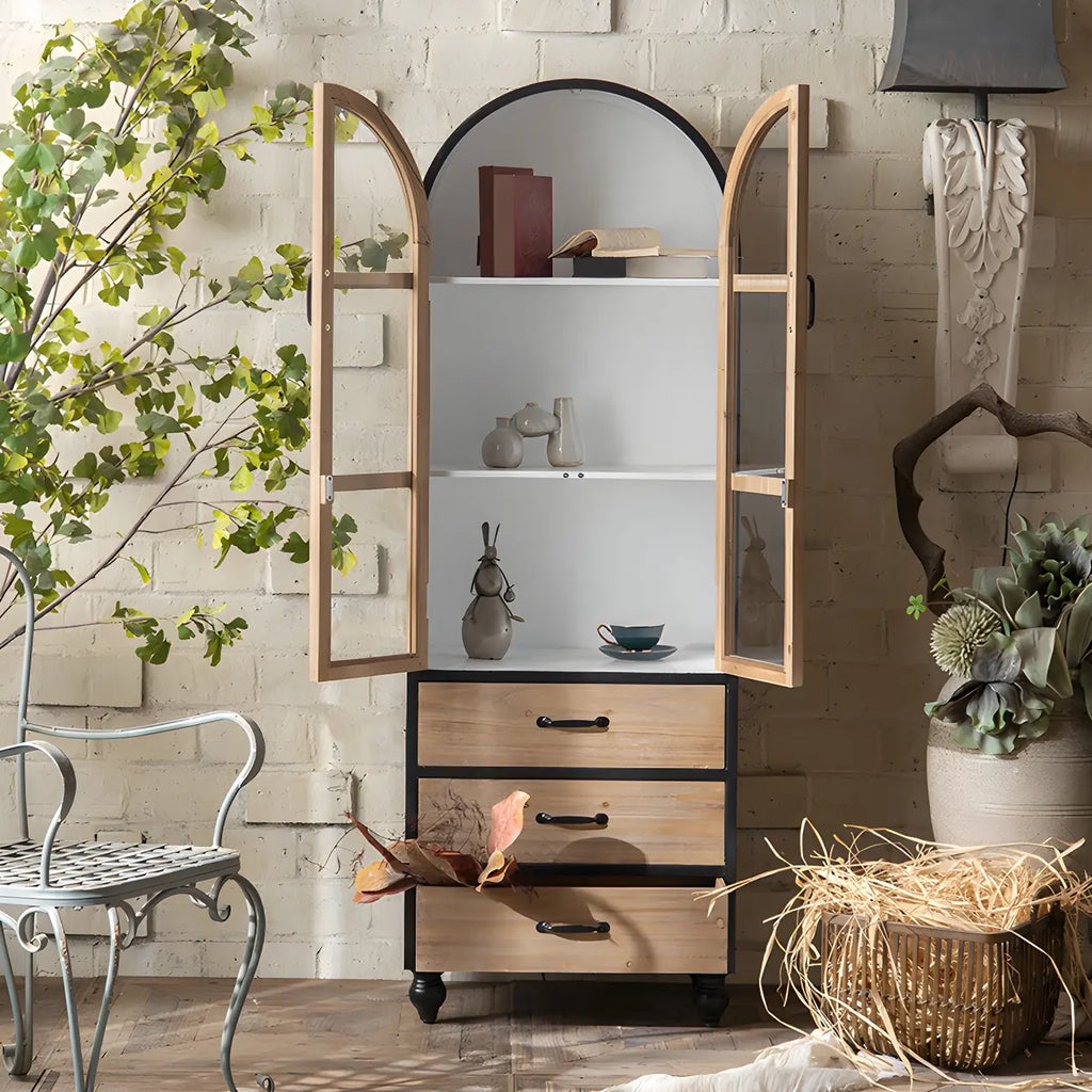 Classic Brown Curved Wooden Glass Door Display Cabinet