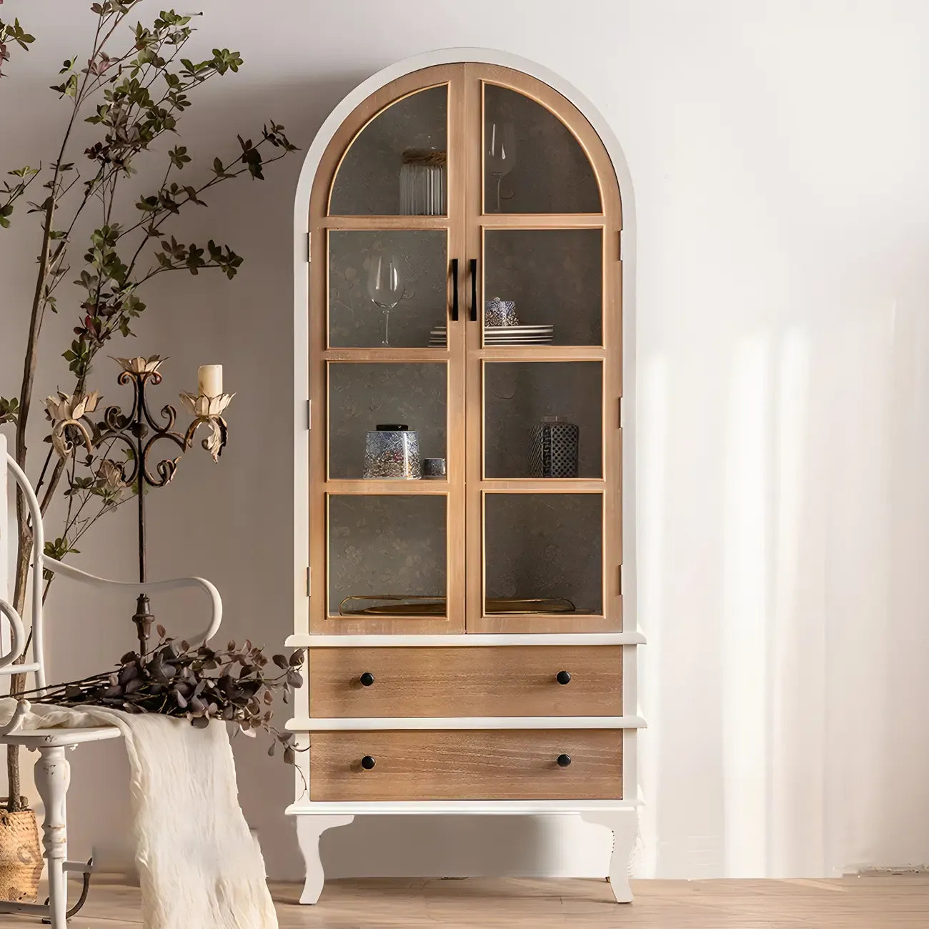 Classic Brown Curved Wooden Glass Door Display Cabinet