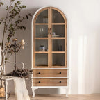 Classic Brown Curved Wooden Glass Door Display Cabinet