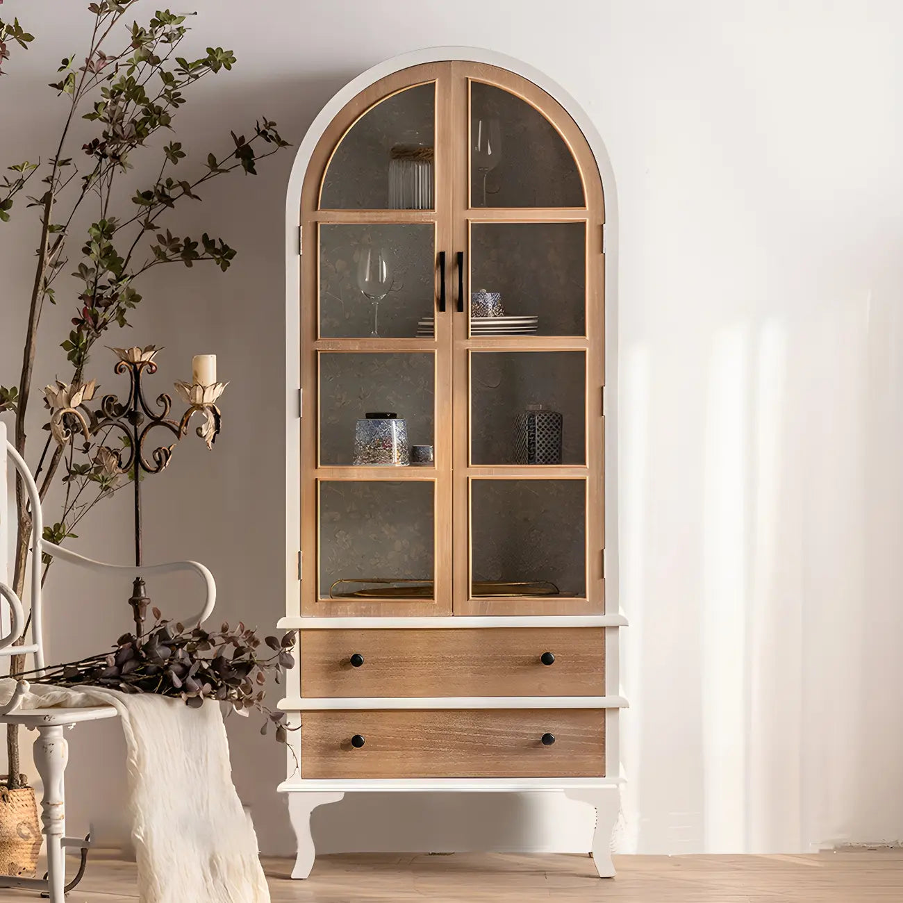 Classic Brown Curved Wooden Glass Door Display Cabinet