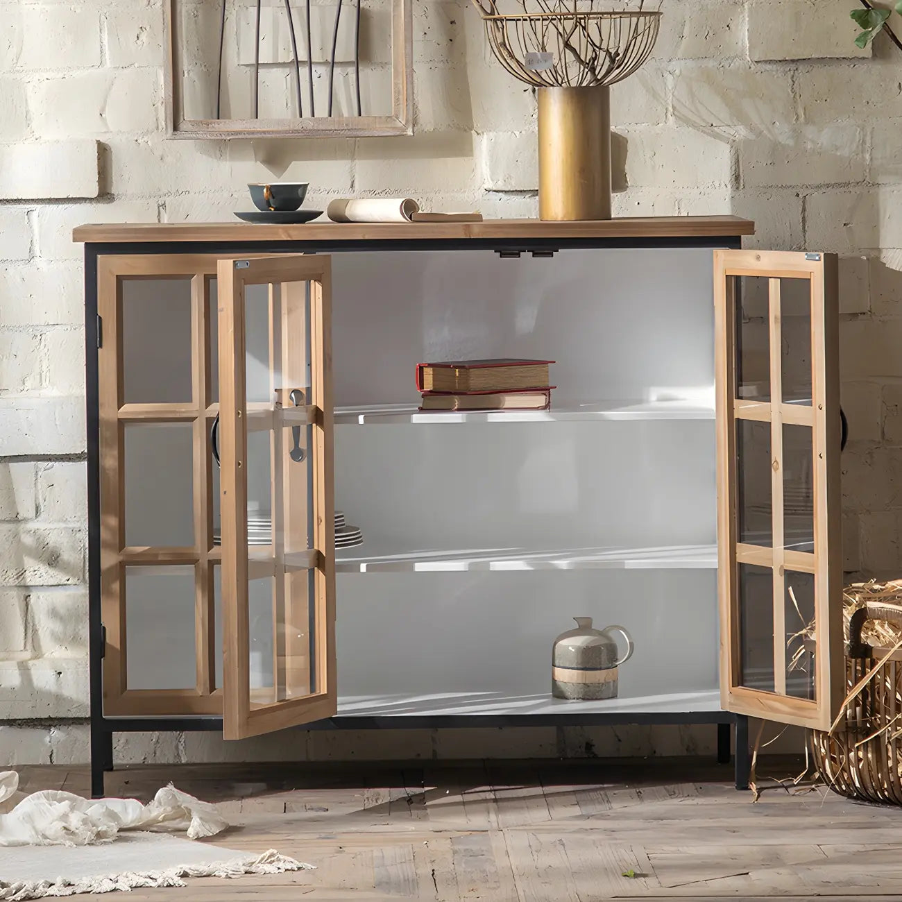 Classic Brown Curved Wooden Glass Door Display Cabinet