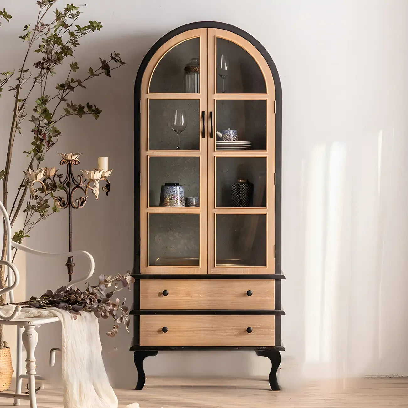 Classic Brown Curved Wooden Glass Door Display Cabinet
