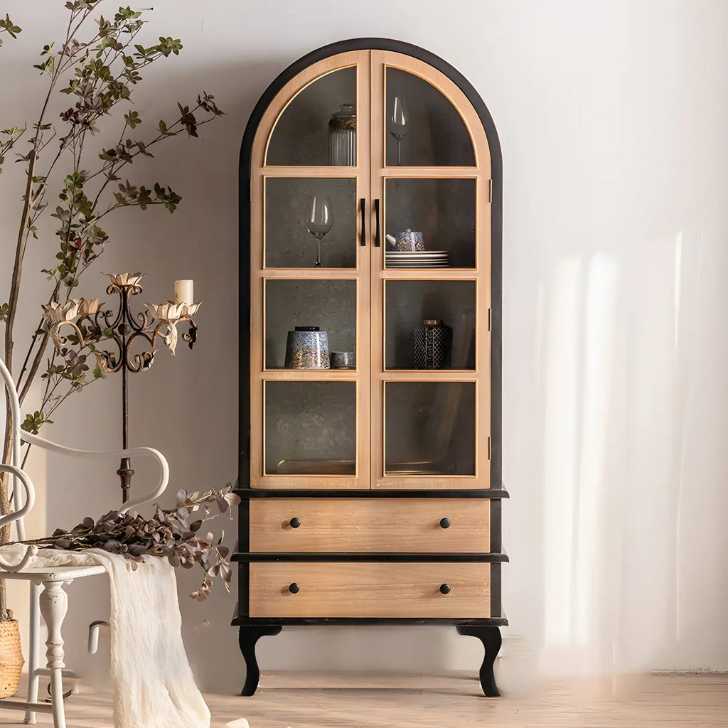 Classic Brown Curved Wooden Glass Door Display Cabinet