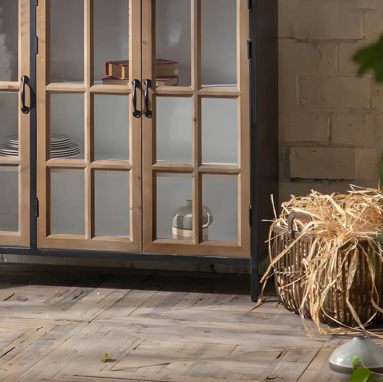 Classic Brown Curved Wooden Glass Door Display Cabinet