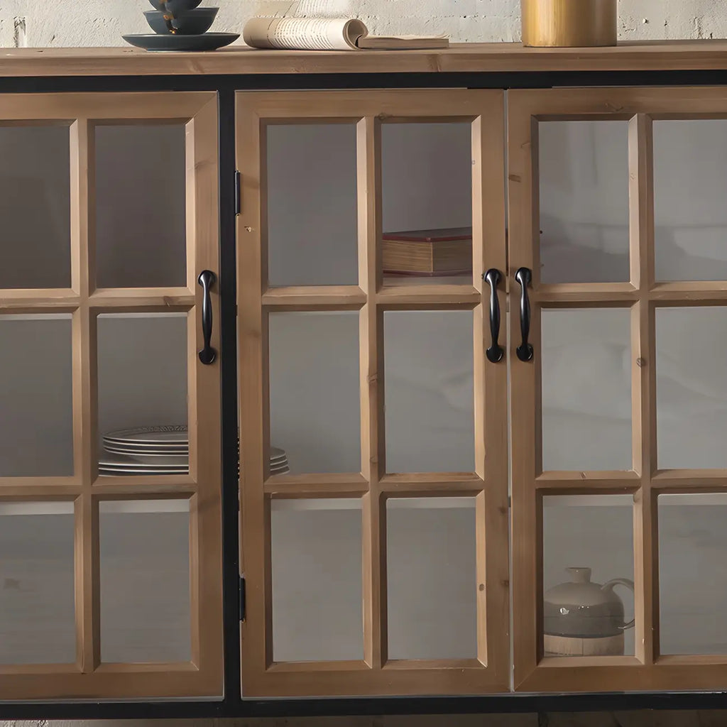 Classic Brown Curved Wooden Glass Door Display Cabinet