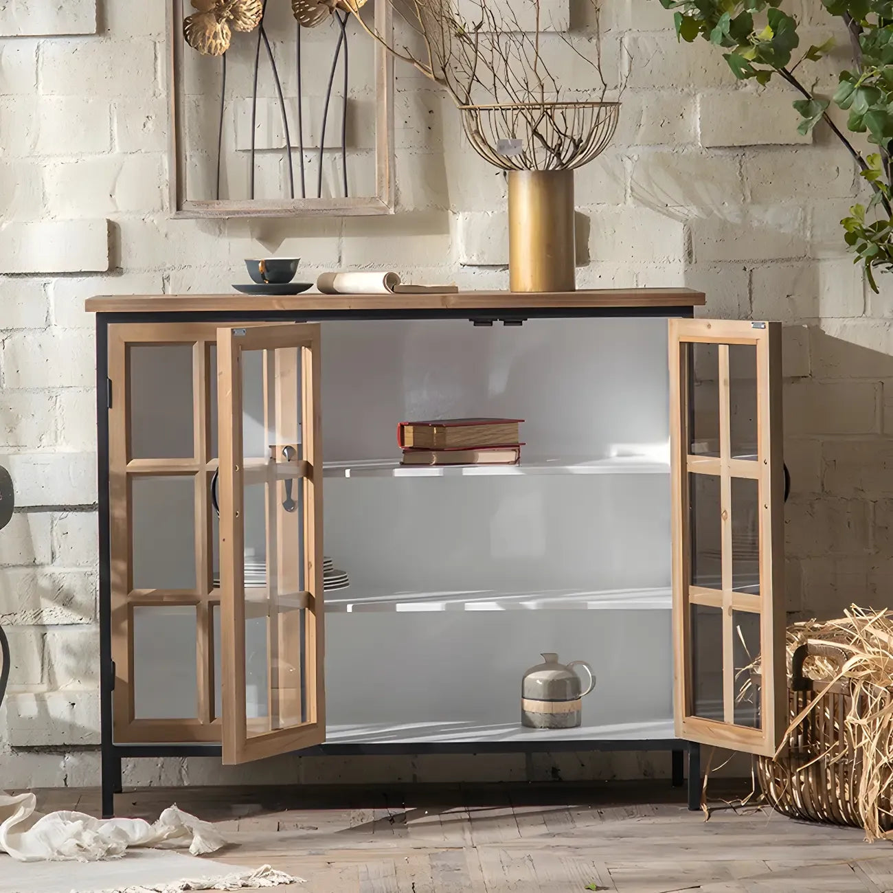 Classic Brown Curved Wooden Glass Door Display Cabinet