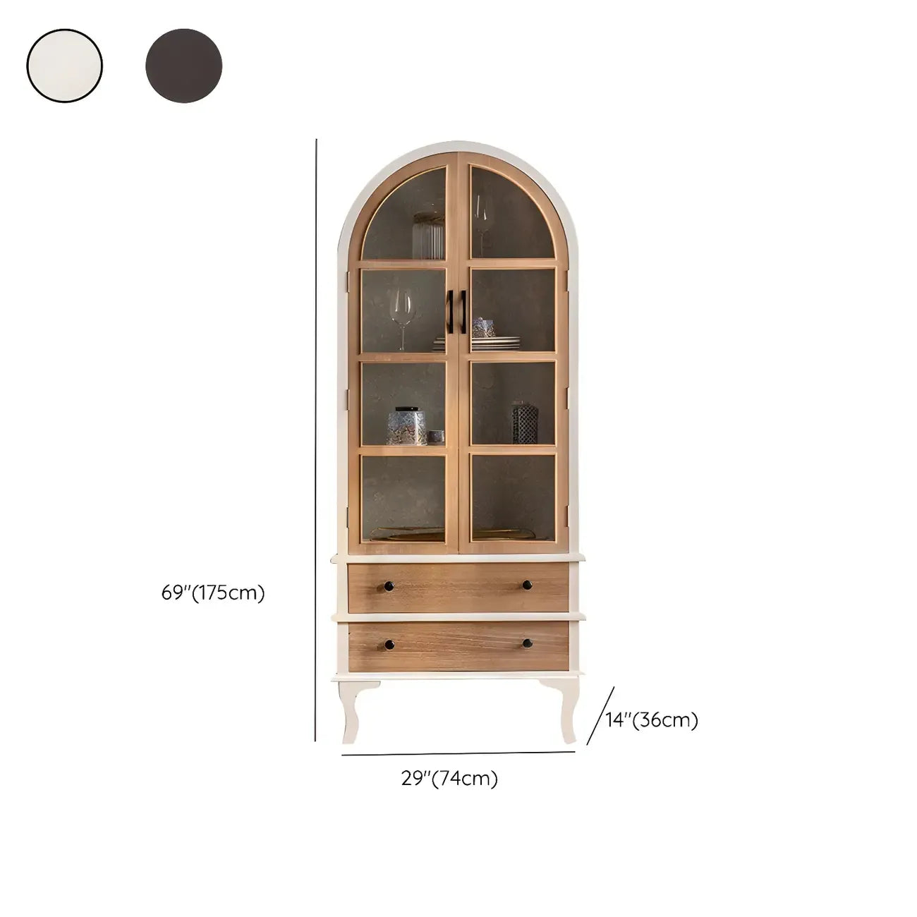 Classic Brown Curved Wooden Glass Door Display Cabinet
