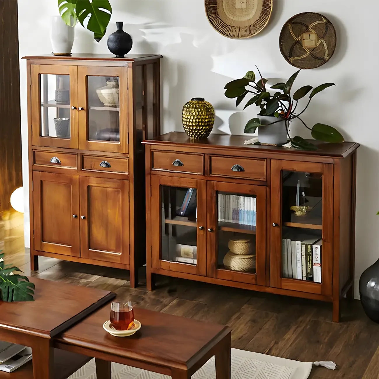 Traditional Wood Brown Glass Door Storage China Cabinet