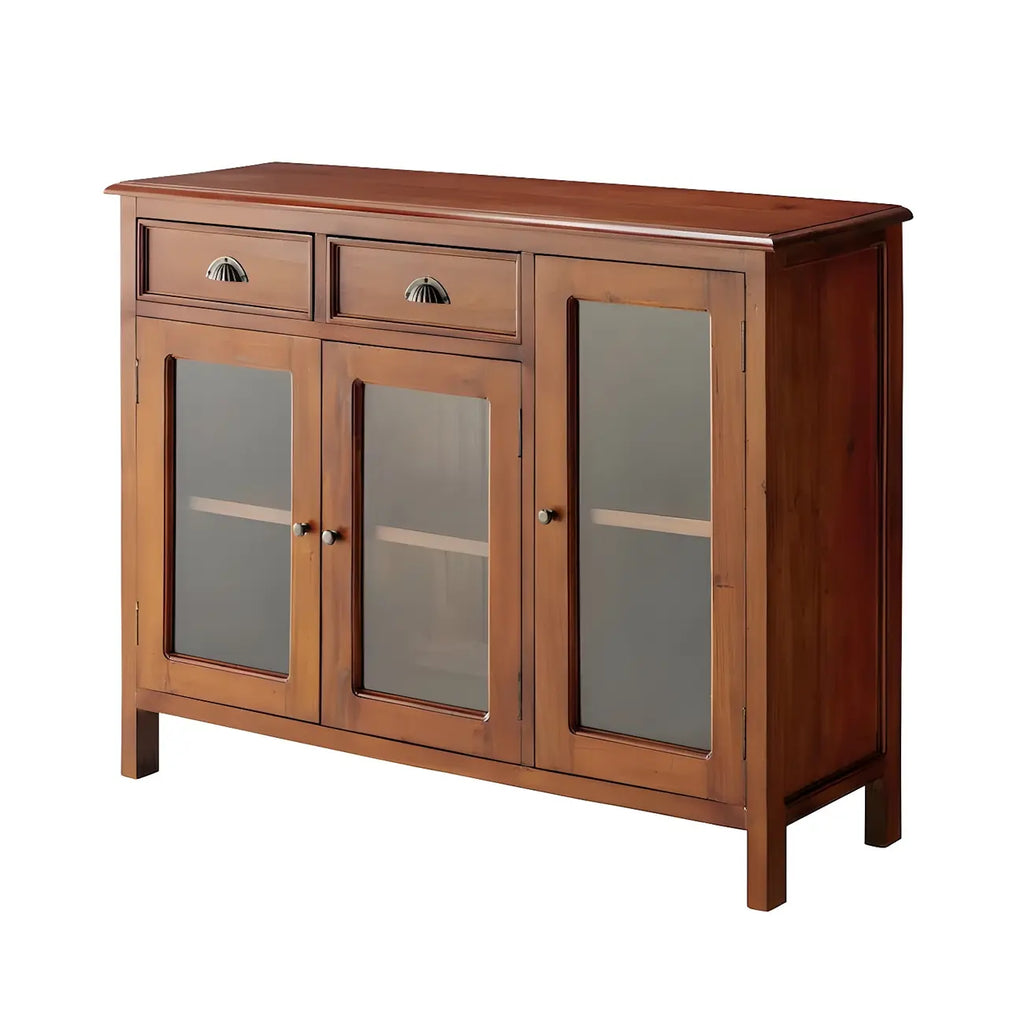 Traditional Wood Brown Glass Door Storage China Cabinet