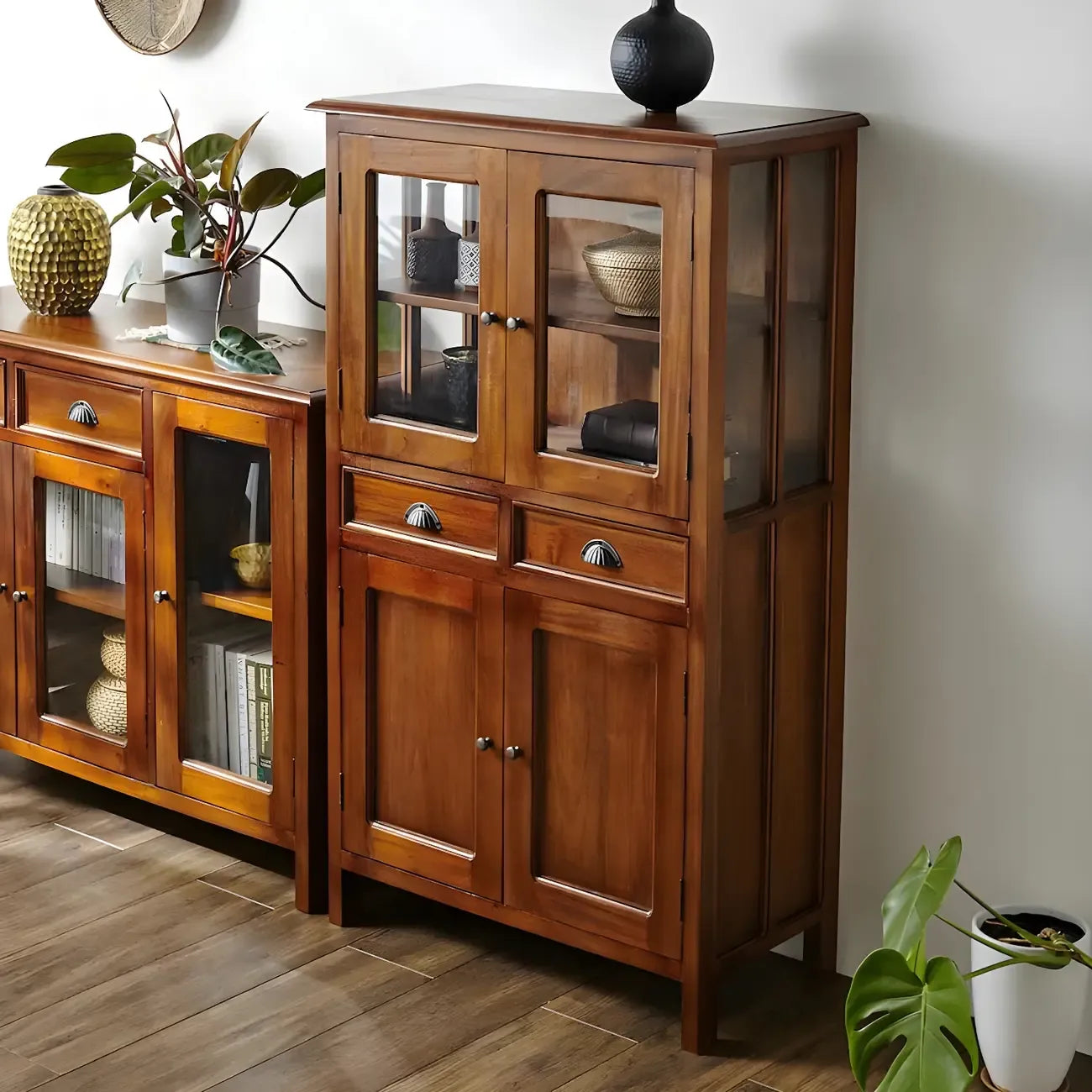 Traditional Wood Brown Glass Door Storage China Cabinet