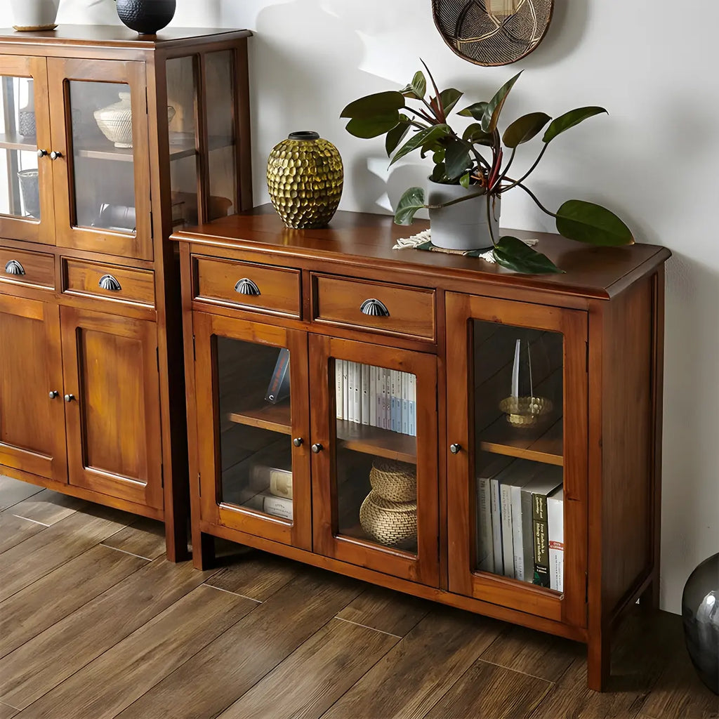 Traditional Wood Brown Glass Door Storage China Cabinet