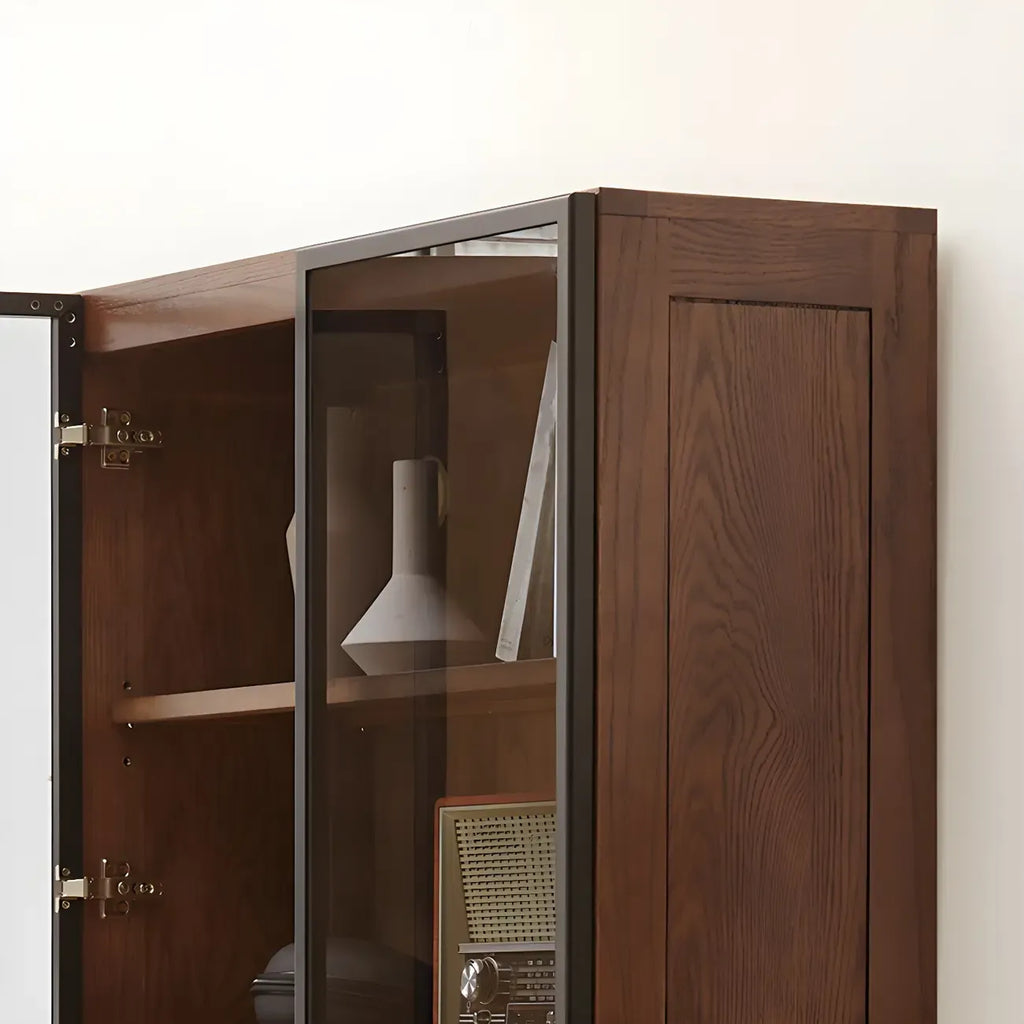 Adjustable Shelves Glass Solid Wood Display Wine Cabinet