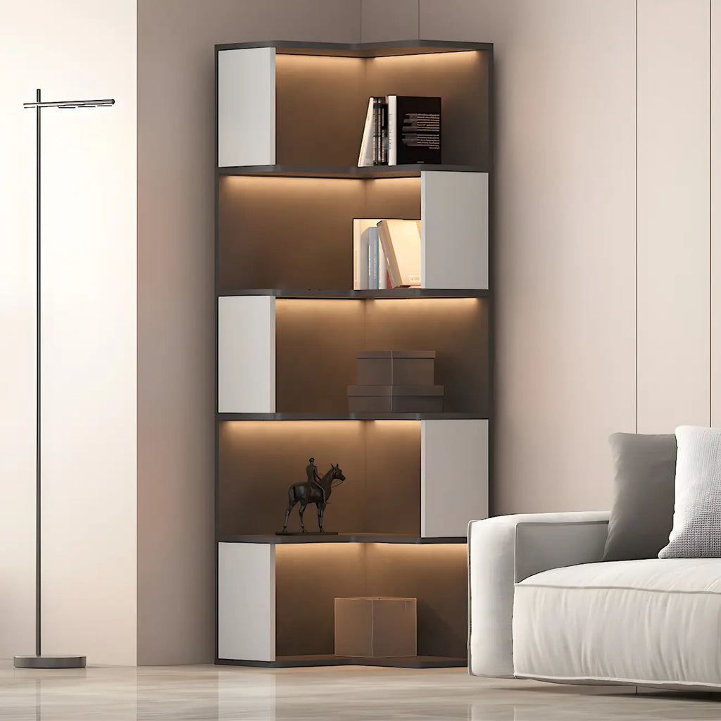 Black-White Wooden Open Corner Display Cabinet with Light
