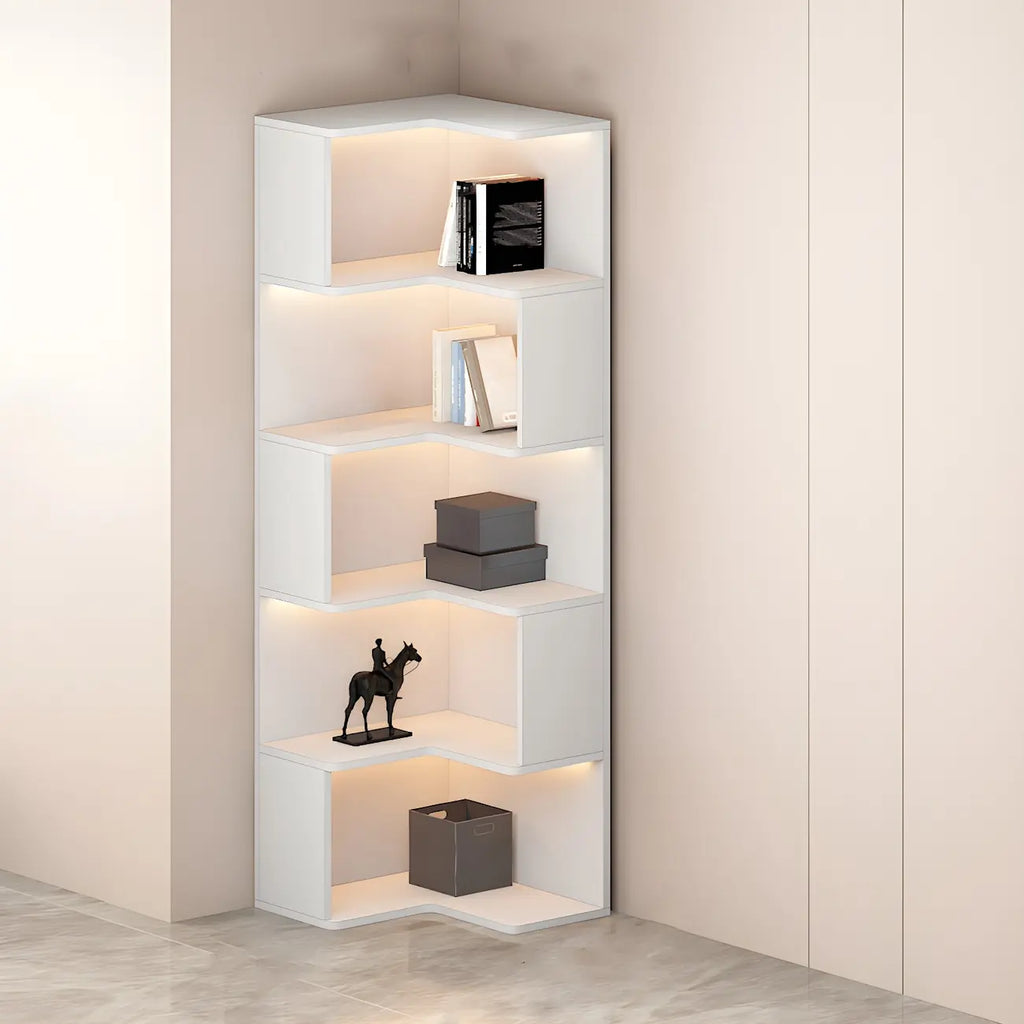 Black-White Wooden Open Corner Display Cabinet with Light