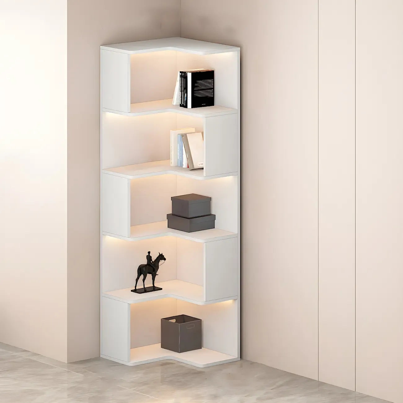 Black-White Wooden Open Corner Display Cabinet with Light