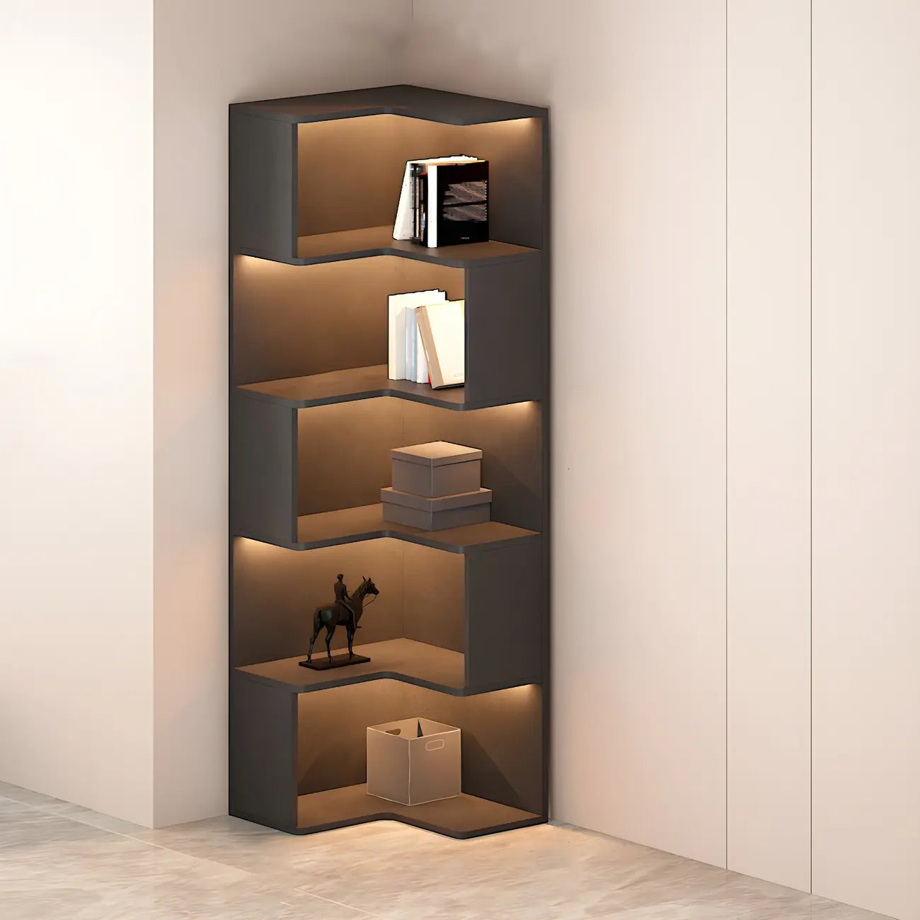 Black-White Wooden Open Corner Display Cabinet with Light