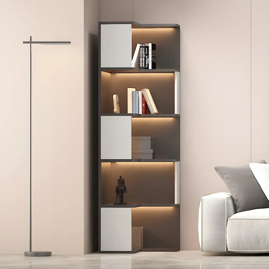 Black-White Wooden Open Corner Display Cabinet with Light