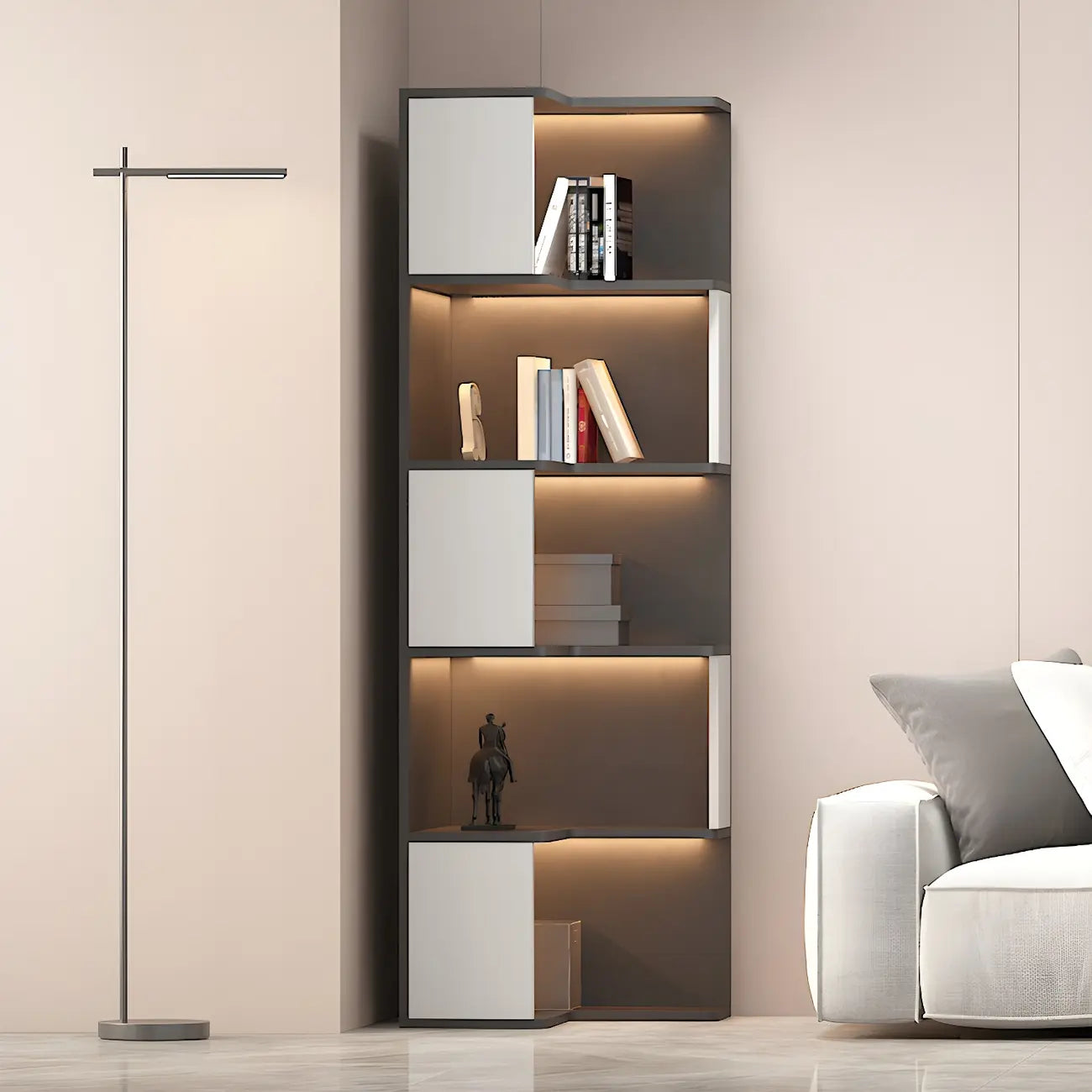 Black-White Wooden Open Corner Display Cabinet with Light