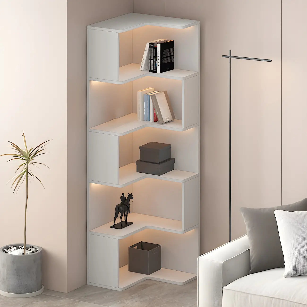 Black-White Wooden Open Corner Display Cabinet with Light