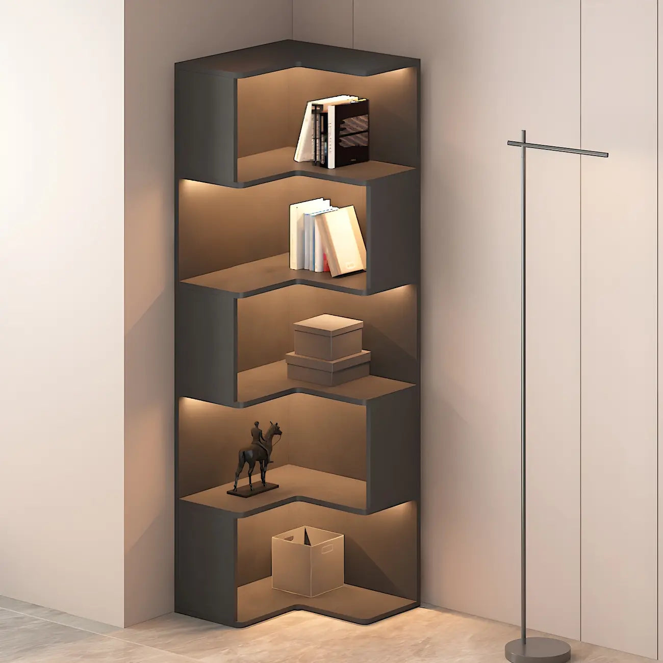 Black-White Wooden Open Corner Display Cabinet with Light