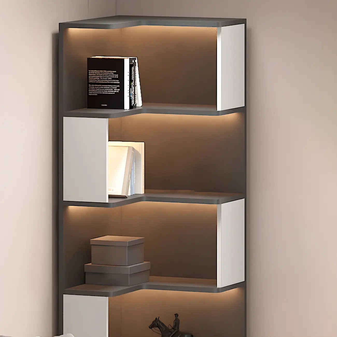 Black-White Wooden Open Corner Display Cabinet with Light