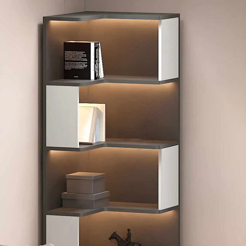 Black-White Wooden Open Corner Display Cabinet with Light