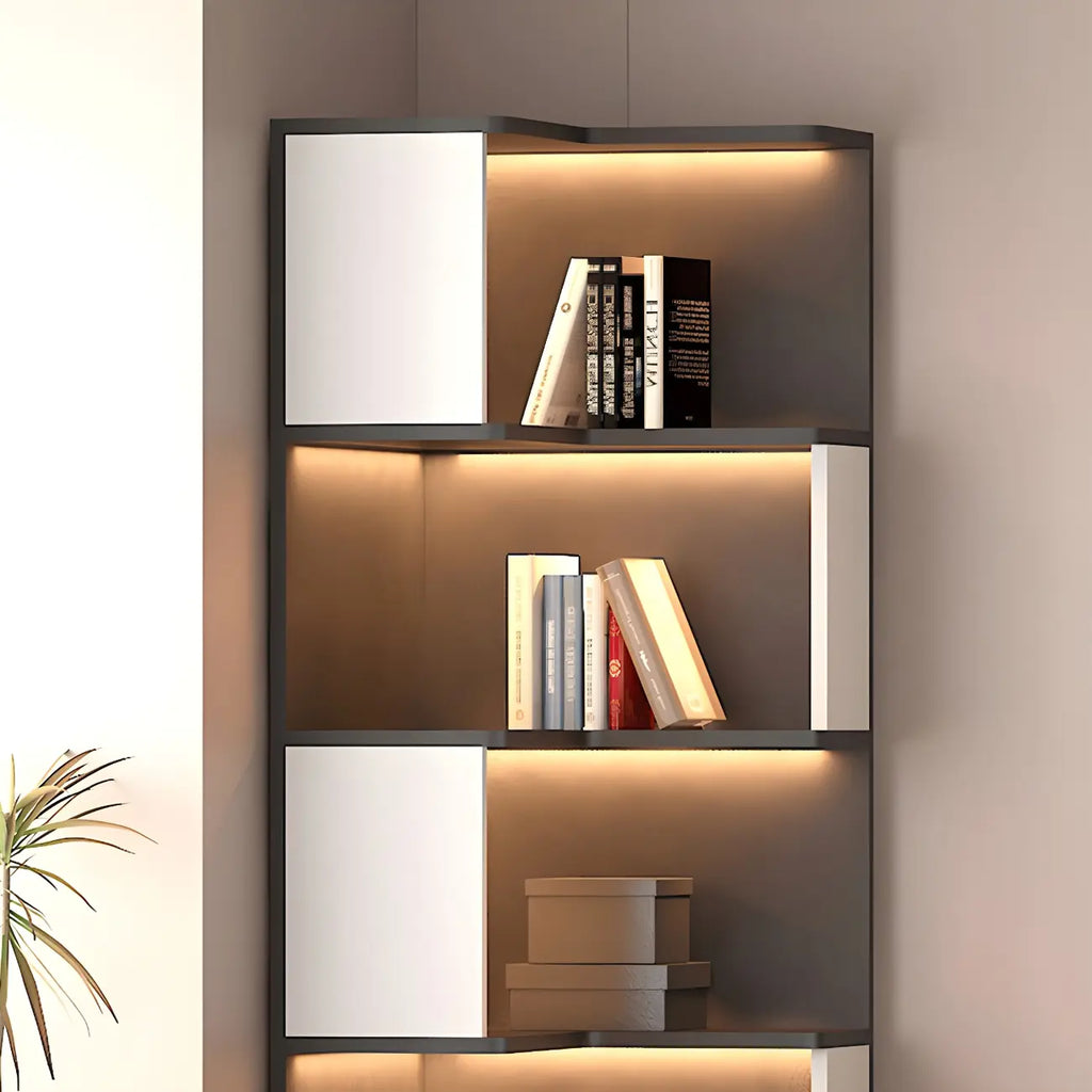 Black-White Wooden Open Corner Display Cabinet with Light