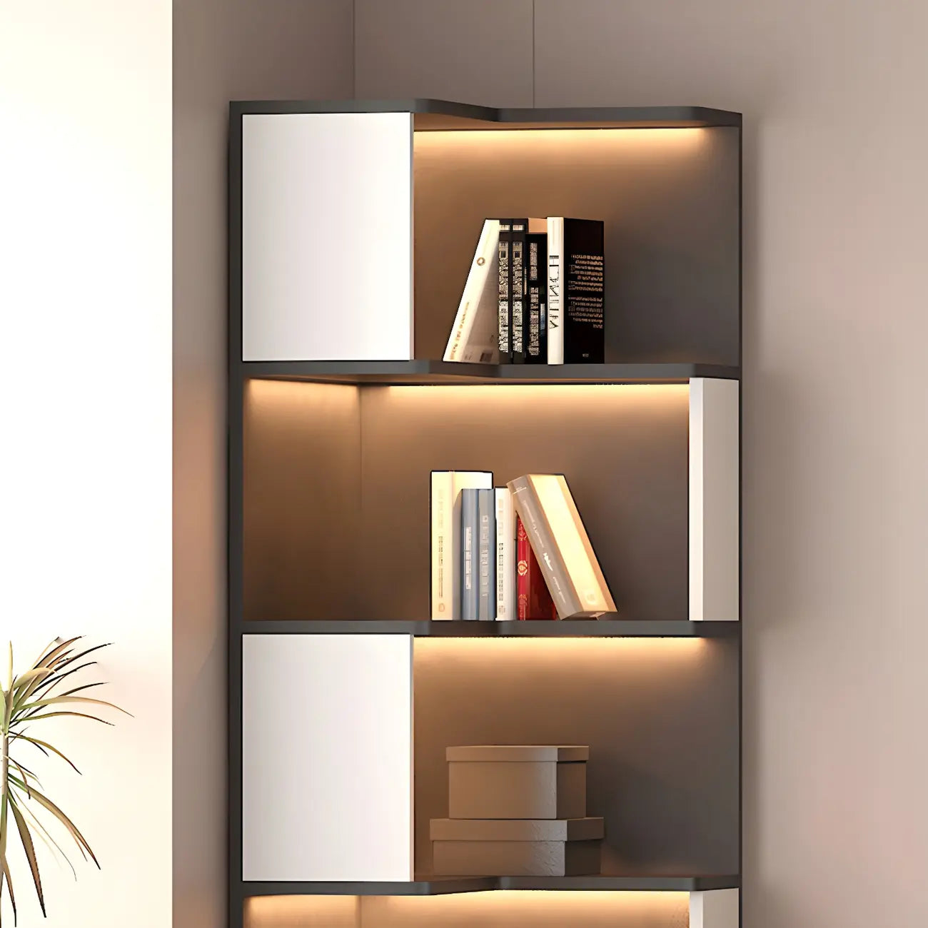 Black-White Wooden Open Corner Display Cabinet with Light