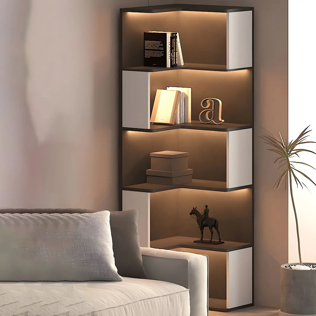 Black-White Wooden Open Corner Display Cabinet with Light