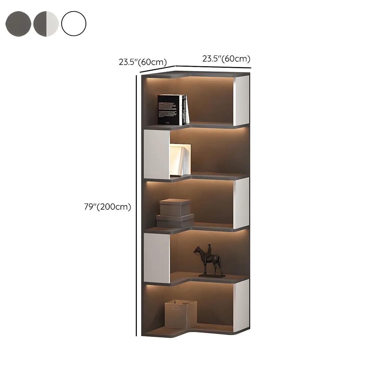 Black-White Wooden Open Corner Display Cabinet with Light