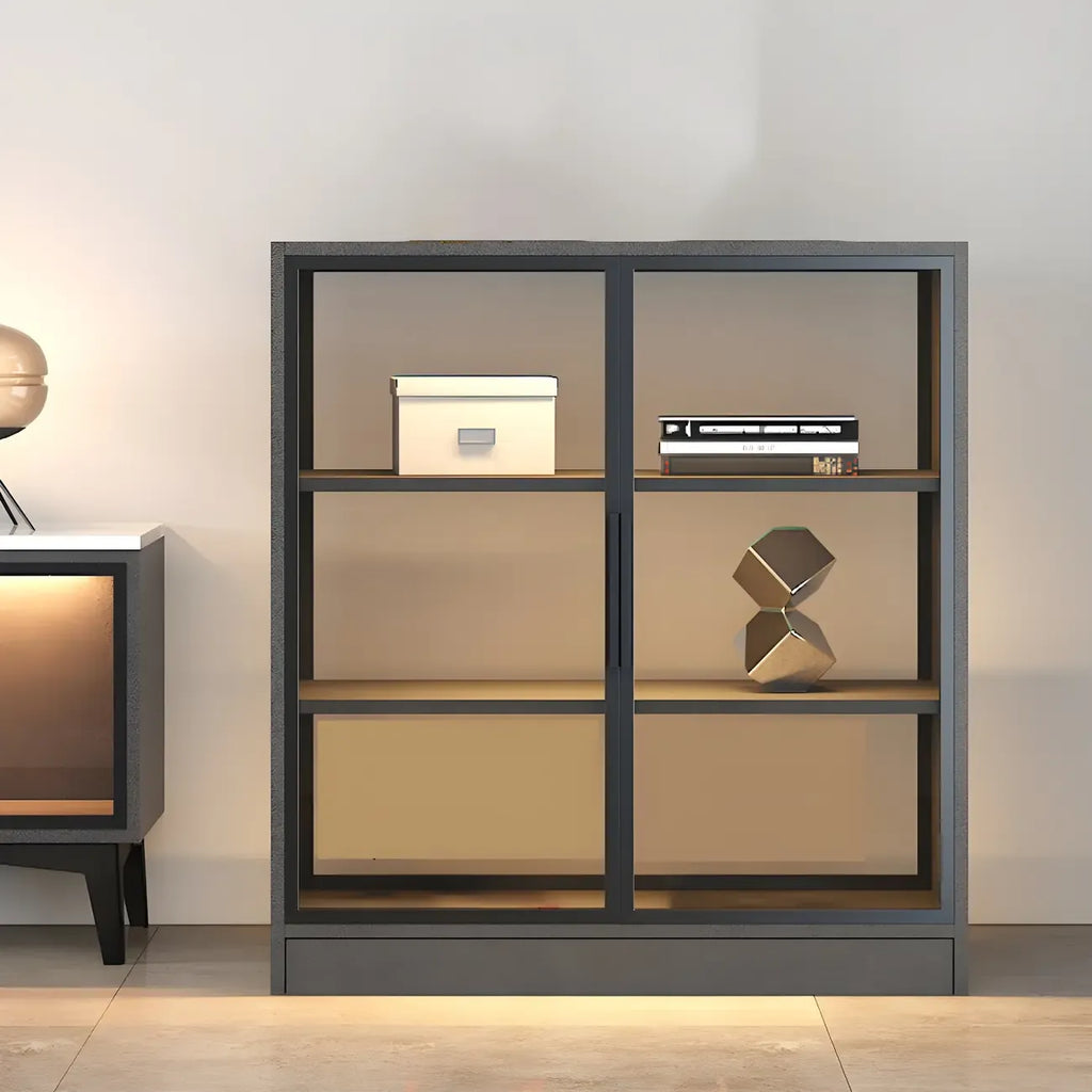 Square 2-Shelf Black Wooden Display Cabinet with Light