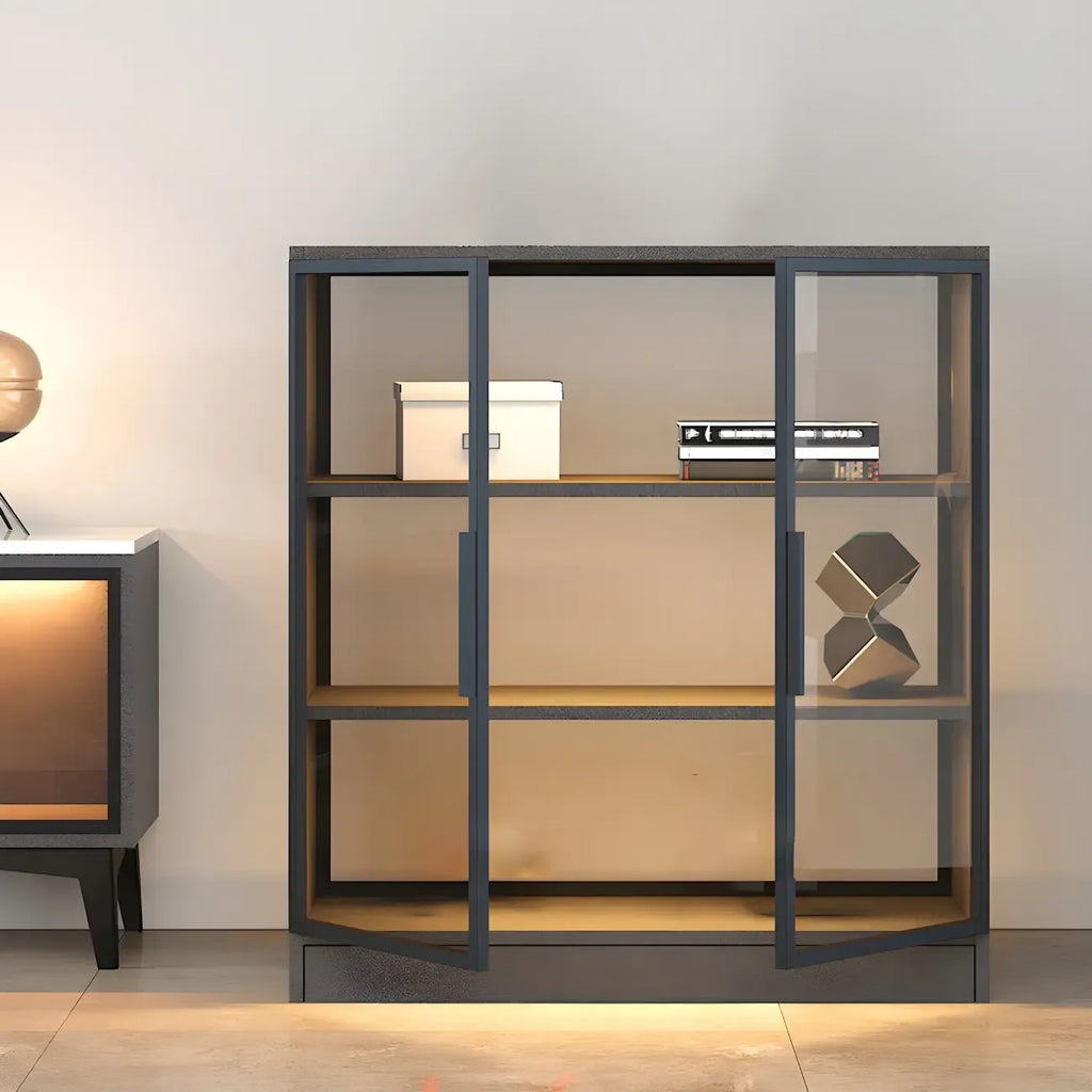Square 2-Shelf Black Wooden Display Cabinet with Light